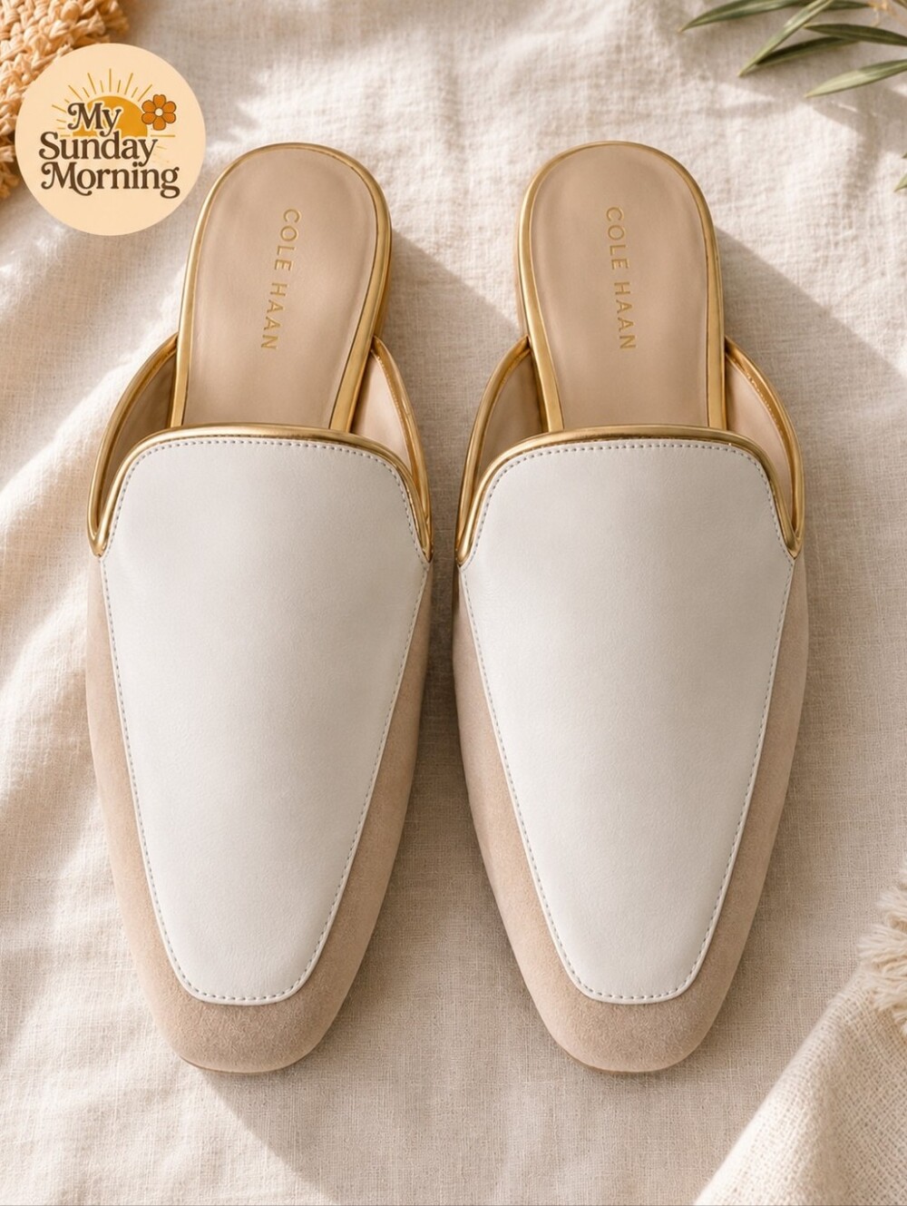 Cole Haan Perley Cream Suede Leather Gold Trim Mule Loafers Size 6.5